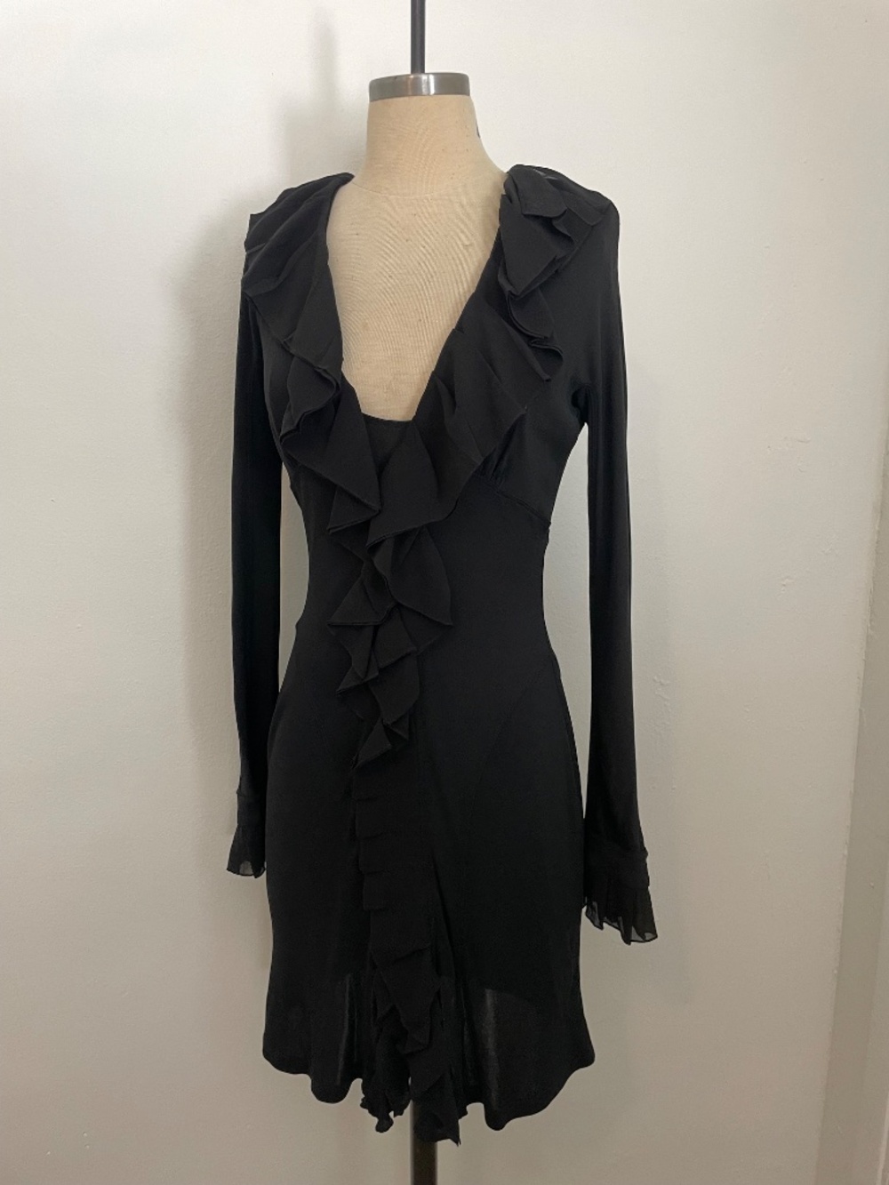 Vintage Roberto Cavalli Black Silk Ruffle Long Sleeve Cocktail Dress, 90s, US 6